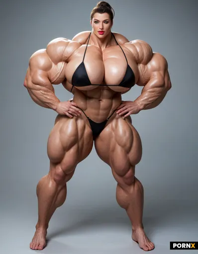 Full body image of a Super mega muscular female hyper bodybuilder model