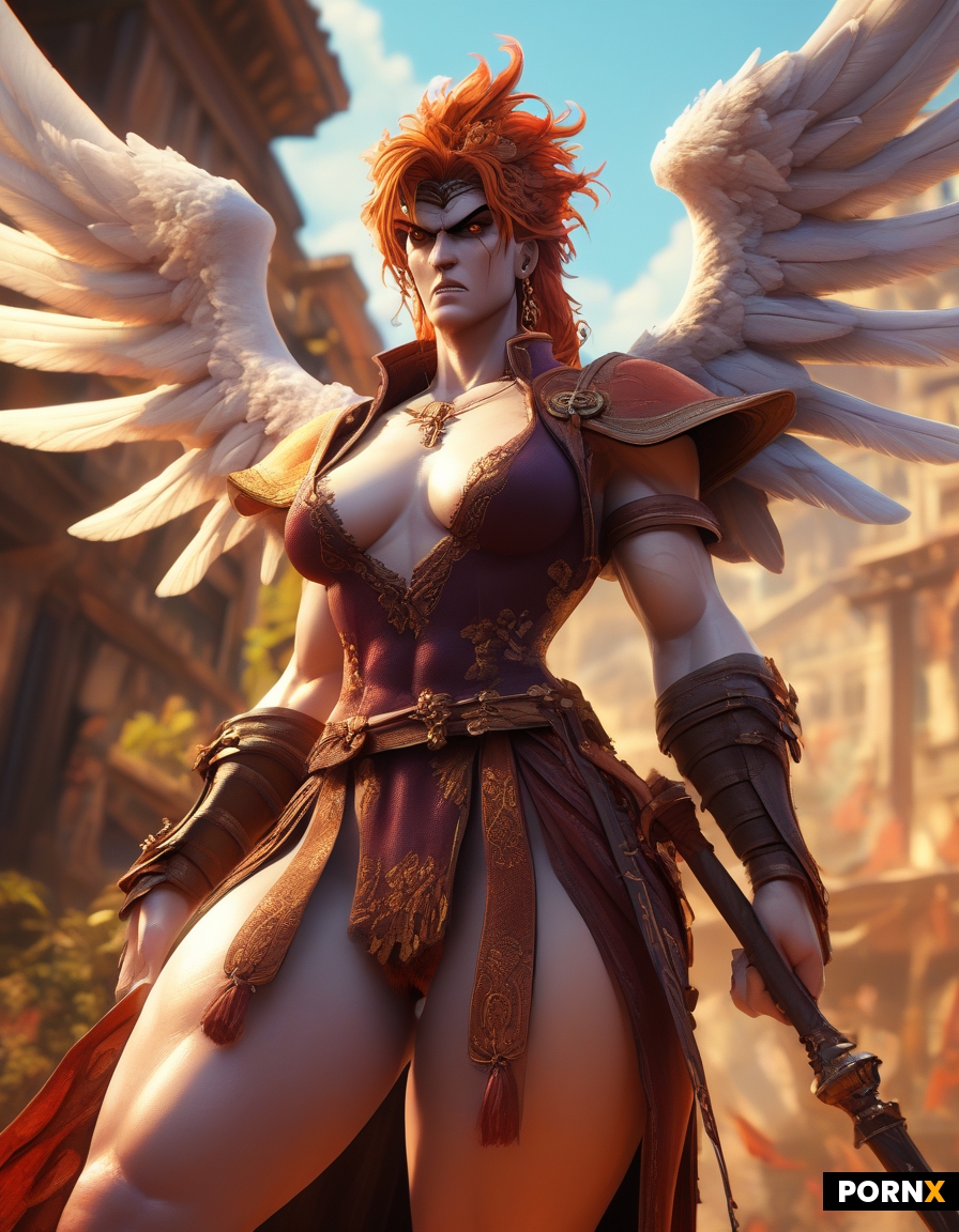 A full body oil painting of a vengeful angel with ginger hair
