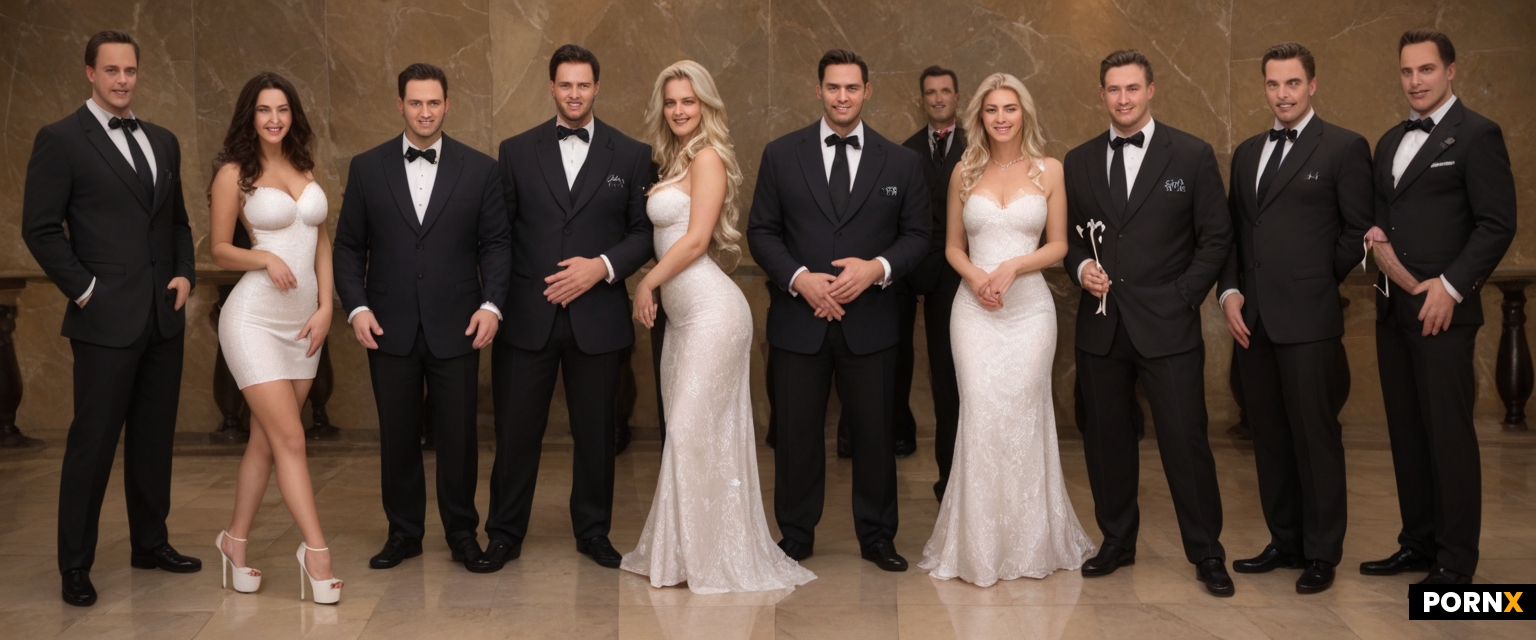 full body group of standing men stroking cocks and cumming on kneeling group of women's face