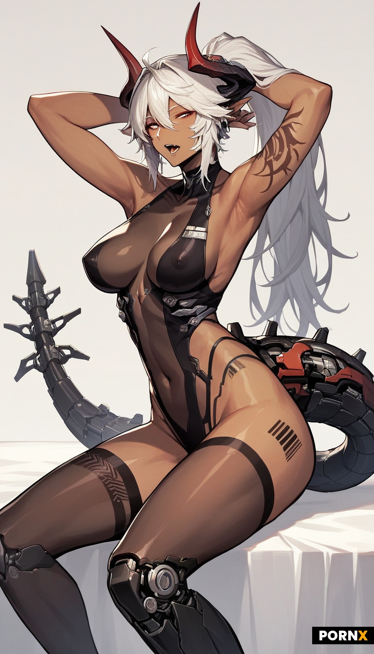 1female absurdres arm_tattoo arms_up barcode barcode_tattoo black_skin breasts colored_skin cyborg e