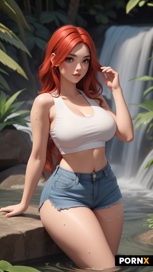 Woman, beautiful, red hair, long flowing hair, curvy, big breasts, round breasts, wide hips, (ripped tank top), white tank top, Jean shorts, jungle, wading in water, waterfall