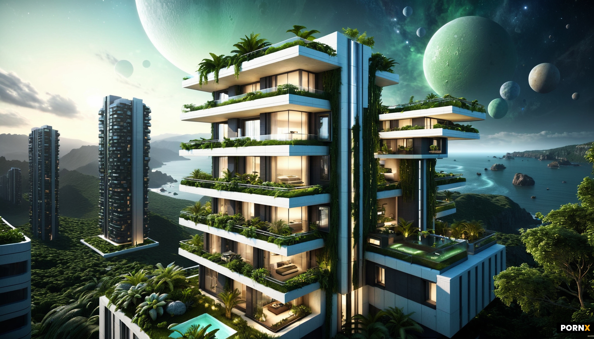 A sci-fi skyscraper apartment building set in a futuristic cityscape
