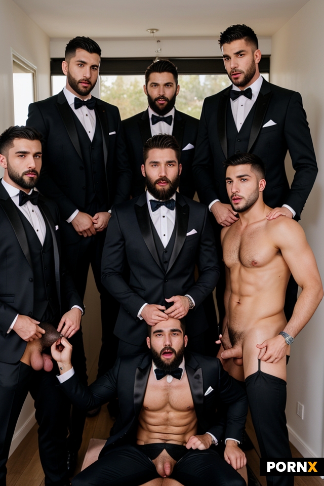 Group of many bearded suited men in formal suits getting sucked by naked guy in jockstrap