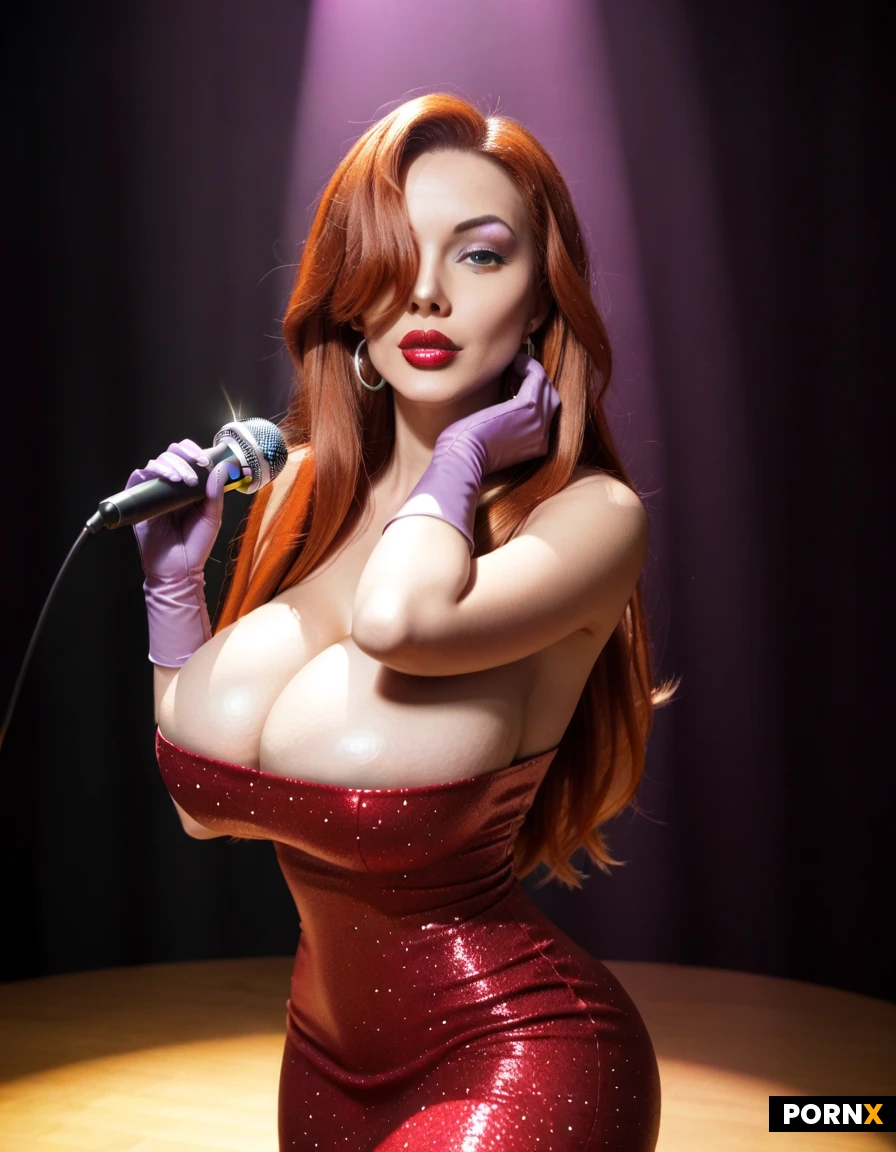 masterpiece, best quality, highres, 1girl, solo, red_hair, long_hair, hair_over_one_eye, purple_eyeshadow, plump_lips, makeup, huge_breasts, busty, red_dress, sparkly_dress, tube_top, purple_gloves, dancing, striptease, seductive_pose, jazz_singer, stage, retro_night_club, spotlight. Long purple satin gloves (Large breasts: 3.3) red glittery dress. Long red hair that covers one eye. Tube top. Red dress. Tight tube top (long hair: 2.5) bimbo babe. Vintage microphone. Hair over one eye. Sparkly red dress. Long purple gloves. Elegant. Seductive. Bimbo babe. Balloon tits. Breasts that defy gravity. Hair over one eye. Ginger hair. Long purple gloves. Green eyes. Purple eye shadow. Tube top. Pinup bombshell. Extreme cleavage. Diva. Hentai style. Spotlight. Shining light from behind. Long purple gloves. Tight tube dress. Redhead. Ginger hair. Long purple gloves past her elbow. (Thin waist: 1.5) She's not bad, she is just drawn that way. Milf beauty. Pinup bombshell style.