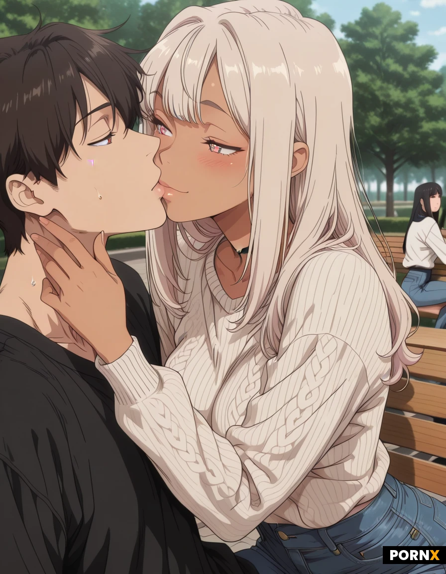 masterpiece, best quality:3, 1guy1girl, highres:3, anime, extreme detail:3, cute human woman:3, smart, beautiful eyes, tender face, perfect cute svelte body:1.5, athletic:3, slim:3, lithe body:3, skinny, tanned, cute sweater and skinny jeans, park bench, they like each other, people in background, making out, passionate deep kissing guy and girl, beautiful close-up,