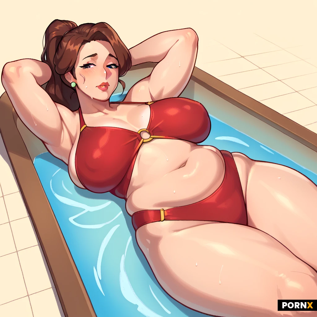 mature and chubby mom with ponytail brown hair and brown eyes, wearing red swimsuit, lying on a long chair, next to a swiming pool