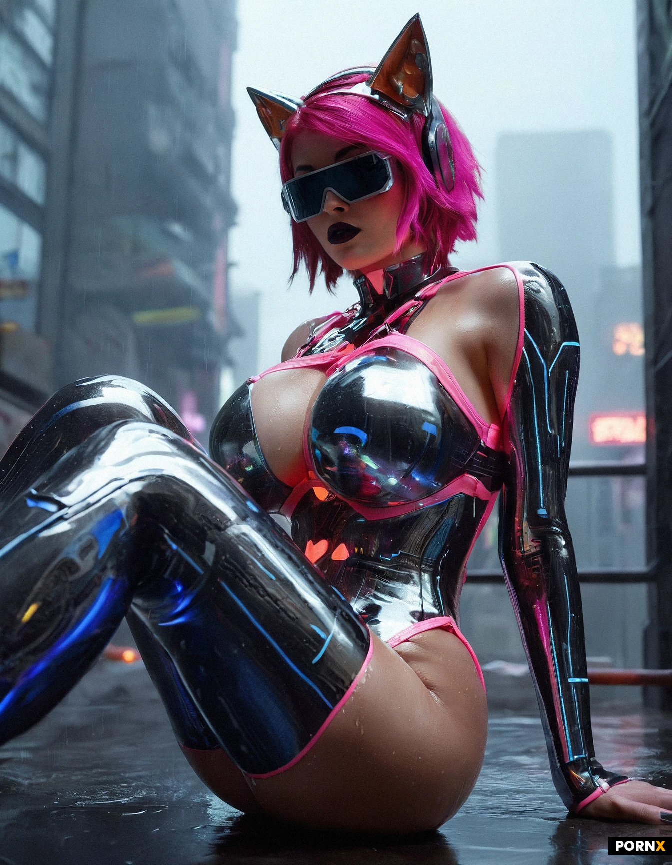 A fierce cyber-punk femme fatale with neon hair, charcoal-dark lipstick, heavy cat-eye eyeliner, and reflective cyber-goggles stares down from a rain-slick rooftop, her face lit by the flicker of distant neon signs and her muscular thighs flexed beneath a glossy holographic bodysuit that clings to her massive, (gigantic breasts:1.25) (weight 1.4) and tight, sculpted hips. (She straddles a towering, chrome-finished cybernetic gigantic dildo:1.5), its shaft glistening with raindrops as she rides with an orgasmic, thrusting motion, her hips grinding in sync with the pulsing neon glow and the spray of mist that curls around her cyber-implants and body (harness:1.25). The bodysuit shimmers in shifting blue-pink light, its surface reflecting the wet sheen of her skin, while chrome thigh-high boots and intricate metallic implants catch soft rim lighting that highlights every curve and ridge. The scene is bathed in vivid neon glow and backlit rain, with smoke drifting low over the rooftop, creating a high-contrast, wet-reflective atmosphere that amplifies the cyber-punk aesthetic. A low, upward camera angle captures the towering city skyline in the background, emphasizing her long, glistening legs and the monumental neon-lit urban backdrop with a shallow depth of field for a cinematic, ultra-sharp still. (huge glowing cyber cat ears:1.95)