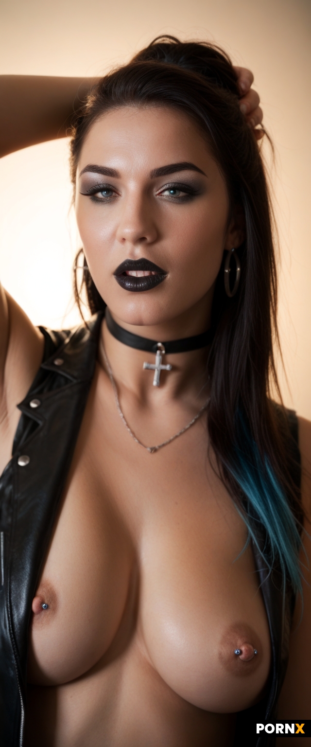 scene_description: Close-up photograph of a woman with black hair and blue highlights