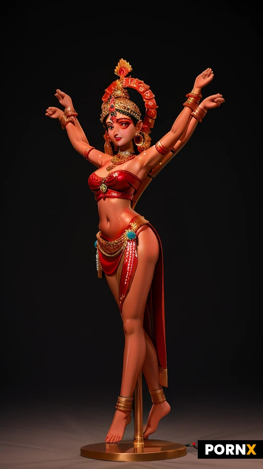 high definition, pretty hindu goddess, pretty face, curved body, red skin, multi arms, each arms with different gesture, traditional hindu costume, jewelery, kij