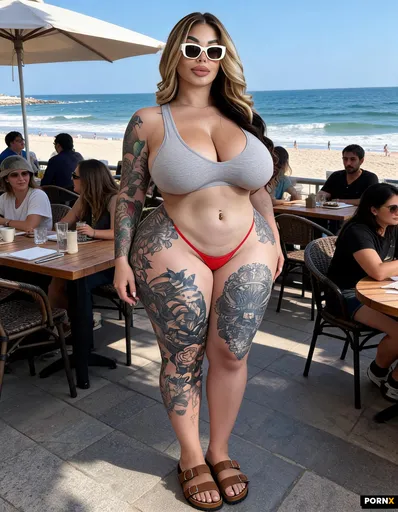 Crowded coastal cafe