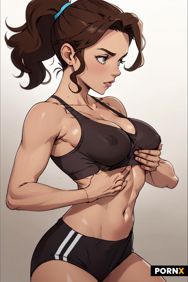 Busty brunette woman with curly medium length ponytail and small breasts wearing sports bra and span