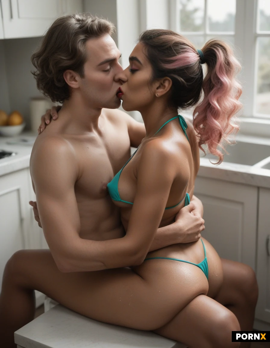 beautiful latina woman, dark wavy hair in a high ponytail, tanned skin, medium breasts, face to face sex, sitting on lap, embracing, kissing, penetration, tiny string bikini, wet skin, sun-kissed, modern kitchen, marble countertop, morning light, 20 year old. Pale skin. Pink highlights. Red lipstick. Heavy eyeliner. Hard sex. Pleasure. Big ass. Thick thighs. Round Nipples. Medium breasts. High angle. Slim face. Small nose. Narrow chin. High cheeks. Round eyes