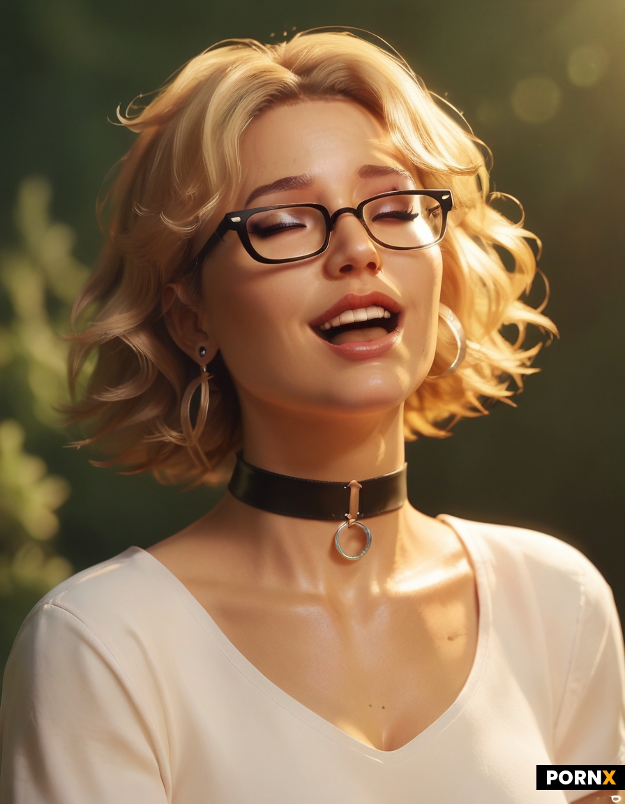 A cute 20-year-old busty latina nerd with glasses wears a choker