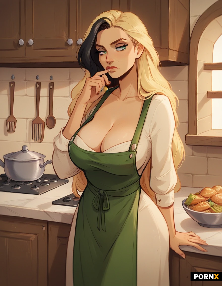 Long straight blonde hair, bored face, big tits, heavy breasts, 20 year old, fit, black highlights, big ass, green eyes,
apron, medieval, kitchen, cleavage
