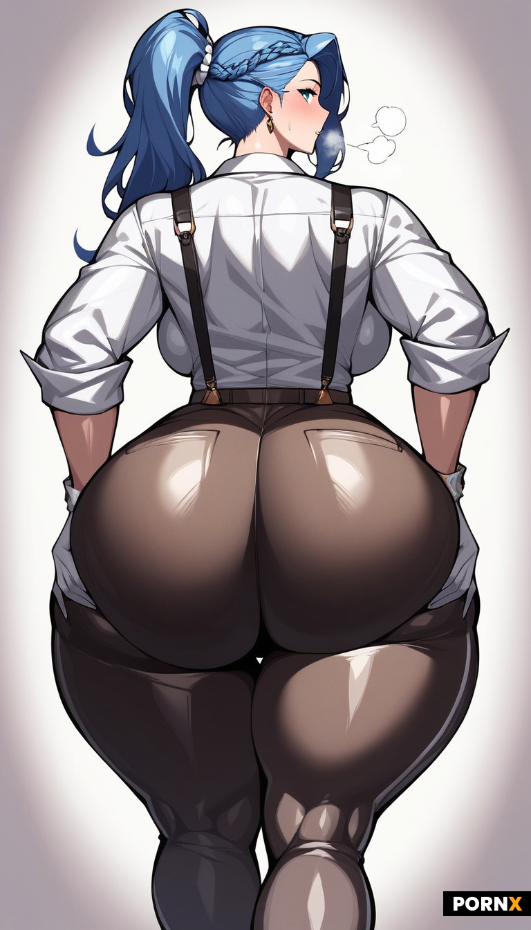 1female ass backboob blue_eyes blue_hair blush braid breasts breath closed_mouth curvy erufura from_