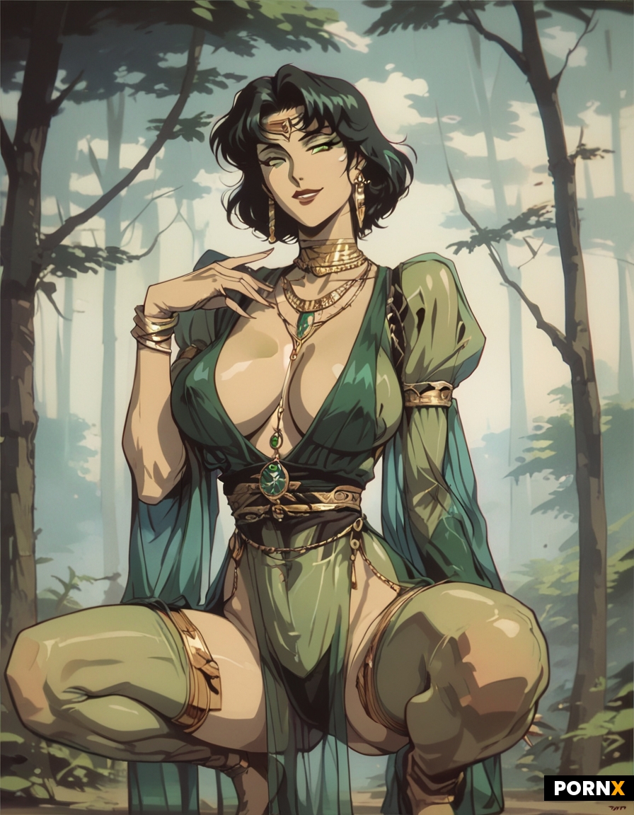 beautiful green short hair druid with green eyes