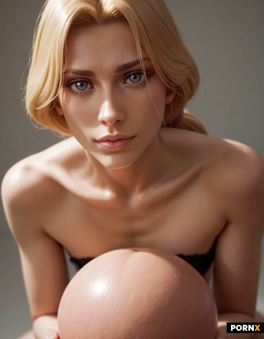 1 gorgeous woman, bleach blonde, innocent, sweet, cute, skinny, thin body type, pointy tits, close up, sitting on a ball, flat chest