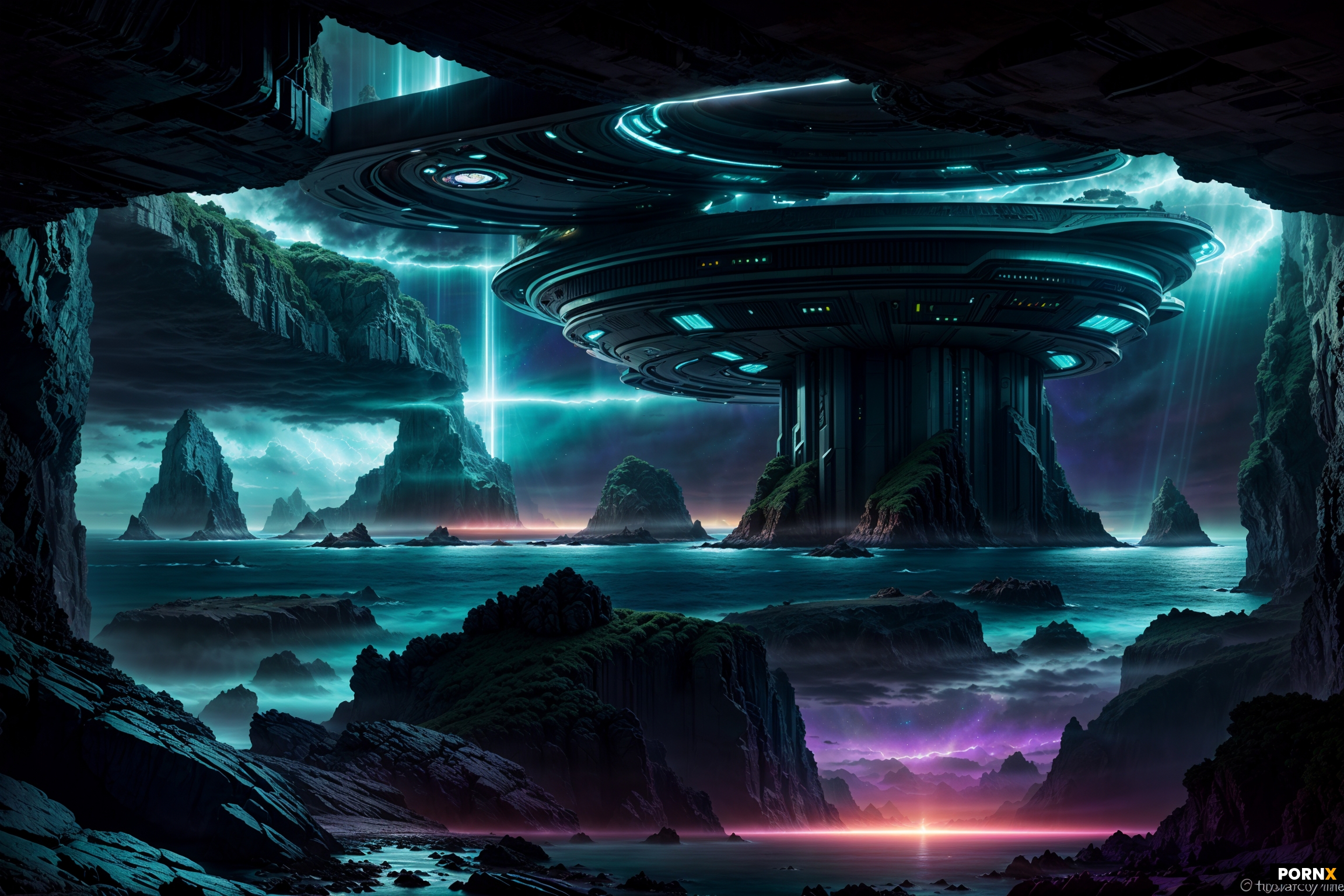 An intricate futuristic spacestation interior with large bay windows