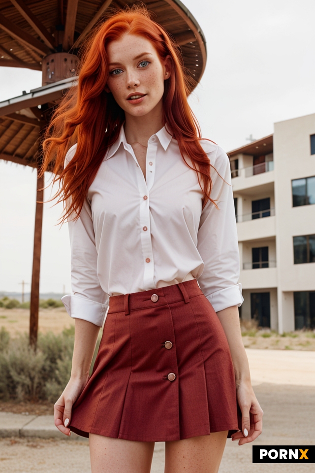 Skinny red haired woman with freckles