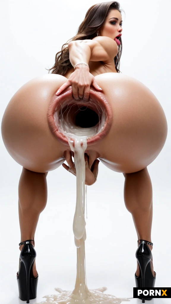 (one stunningly beautiful italian slut bimbo pornstar),(Muscular),(Long brunette hair),Blue eyes,(massive saggy Breasts),(slim Hourglass figure)(puffy pussy),(extreme gaping enthusiast:1.9), (fingering her massively prolapsed anus overflowing with cum:1.7),(naked),(absolutely insatiable),(very sexy),platform stiletto shoes,twerking, white background