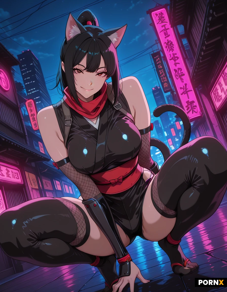 masterpiece, best quality, highres, absurdres, 1girl, cat_ears, cat_tail, animal_ears, feline, solo, looking_at_viewer, ninja, ninja_outfit, sexy_ninja, short_shorts, thighhighs, garter, black_tight, crouching, confident, smile, night_city, neon_lights, dynamic_angle, sharp_focus
