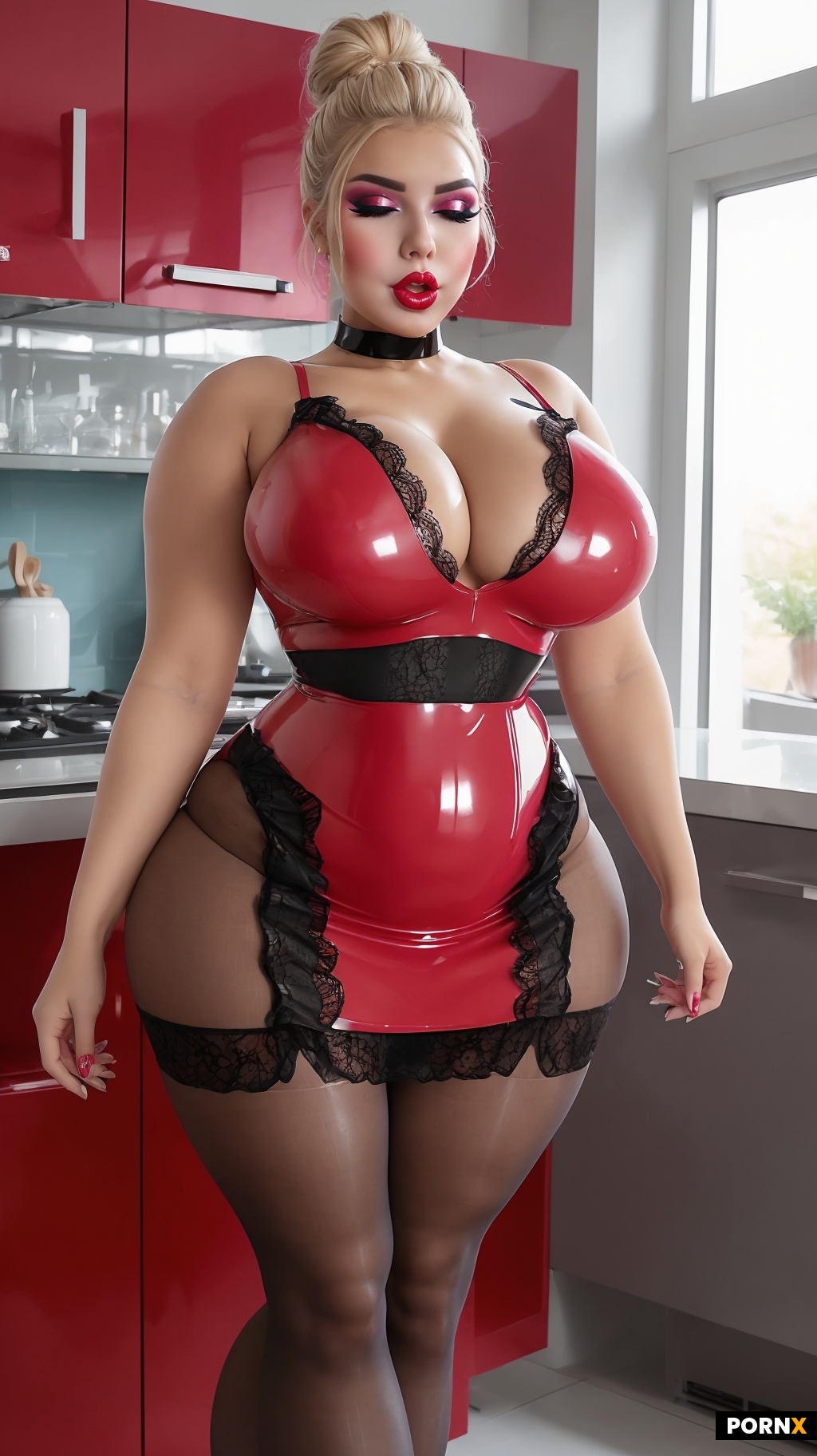Glossy plastic bimbo doll face