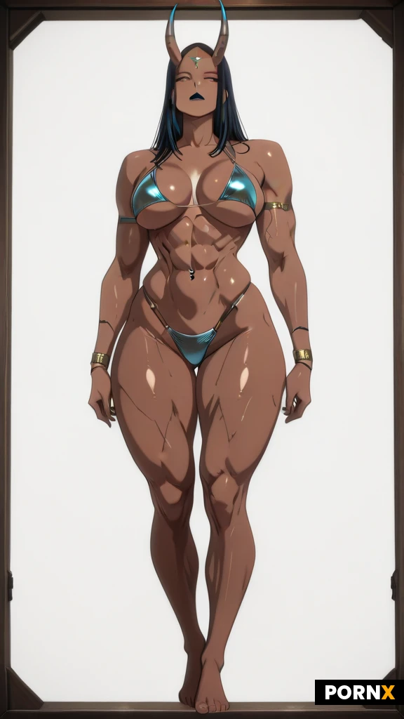 Full-body, head-to-toe solo portrait of a demon-form adult fantasy woman with rich bronze-brown skin. Preserve the reference’s facial identity and distinctive muscular structure. Her demon form has slightly greater muscle mass: broad rounded shoulders, thick developed upper arms, a substantial athletic torso and a strong hourglass silhouette. Full muscular hips and heavy, powerful thighs balance her upper body.
Her abdomen has deeply separated muscle blocks, a strong central groove, prominent obliques and defined side contours beneath the ribs. Keep her waist substantial while visibly narrower than her shoulders and hips. Preserve the pronounced diagonal hip creases, full upper inner thighs and distinct separation between the inner-thigh and front-thigh muscle volumes. Carry this sculpted definition into her relaxed standing posture.
Angular face, high cheekbones, straight nose and full dark lips slightly parted. Electric-blue glowing almond-shaped irises, crisp eye detail and minimal light spill. Intense direct gaze, chin slightly lowered.
Two dark ridged horns extend sideways before curving upward. Long centre-parted black hair, thick layered lengths and swept-out cheek-framing strands. Small metallic forehead ornament and gemstone navel piercing.
Opaque muted steel-blue triangle bikini with slender matching straps. Bare wrists and forearms; no arm accessories. Arms relaxed, hands open, shoulders square, feet slightly wider than shoulder width.
Polished realistic fantasy CGI. Detailed skin and hair, sculptural shading and controlled glossy highlights. Neutral lighting preserves her natural colours. Entire figure, horn tips and both feet visible.