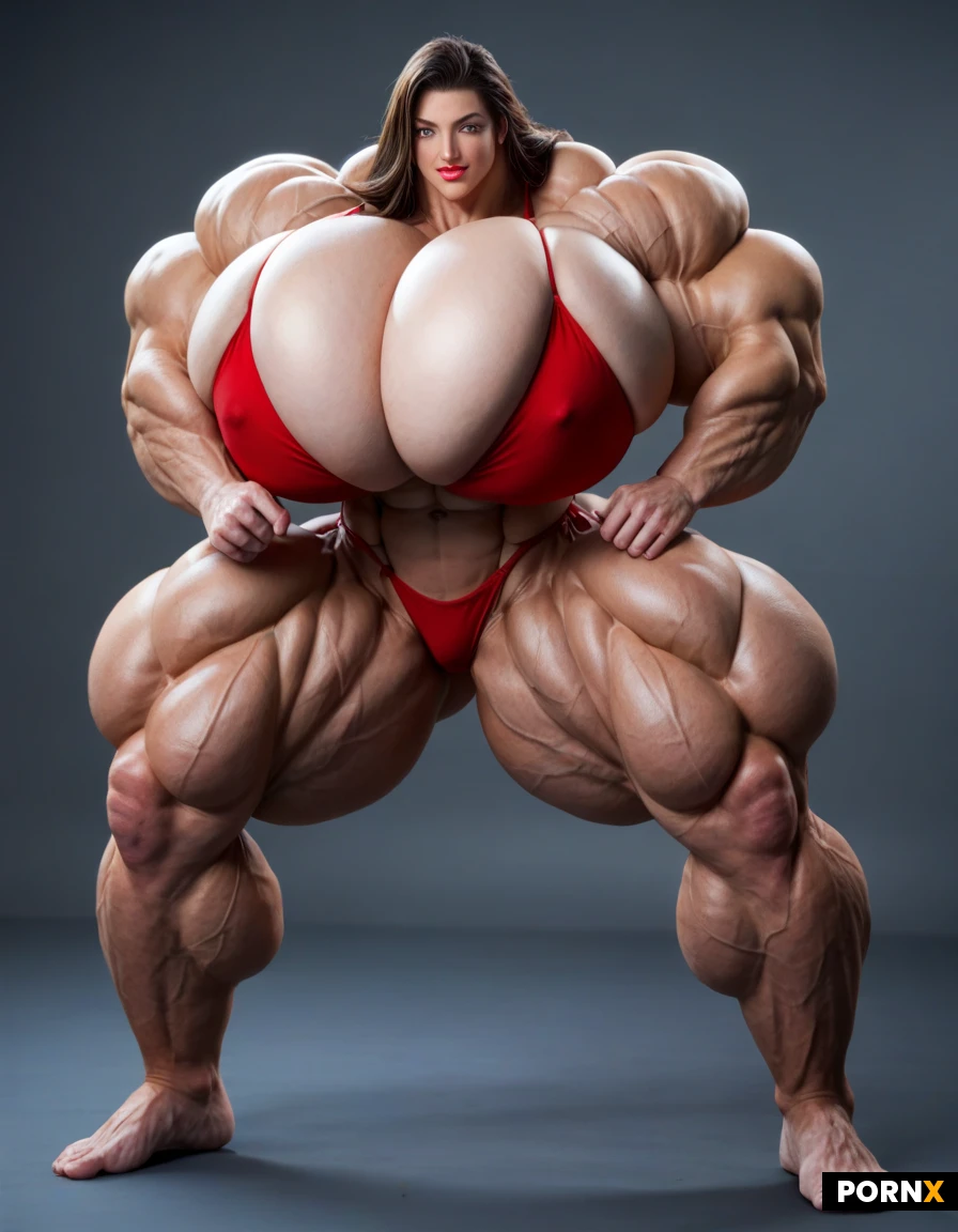 Full body image from behind of a ultimative Super mega muscular female hyper muscle bodybuilder supermodel, in her 20s, super slim tiny waist, incredibly mega exaggerated huge boobs, ultra detailed, high resolution, anatomically accurate, perfect fingers, perfect anatomy, (hyper extreme colossal breasts: 1.49999), her soft floppy drooping natural breasts spill down to her sides, breasts drop to the sides of her chest, hyper massive breasts, breasts hypertrophy, disproportionately(gigantic colossal hyper breasts: 1.49999), unrealistic breasts size, giant expansion breast, extremely huge voluptuous breasts, massive breasts, bodylong hair, straight super long golden hair, exaggerated long hair, super defined sixpack which shows every single ab absolutely ripped and defined, perfect hourglass figure, super mega thick mammoth tree like muscular legs, perfect face, feminine face, female facial features, perfect facial features, ultra sexy face, natural face, realistic face, perfect muscular hourglass, Bright green eyes, Extrem exaggerated muscles, ultra hyper massive muscle, expansion muscles, musle goddess, wearing a red bikini, perfect skin, ultimate muscles, super long legs, massive muscles, overgrown hypermassive muscles, mega muscles, giganteque muscles, beyond female musle-goddess, mega muscles overgrowth at leg and abs, ultra exaggerated overgrown leg muscles, hypermassive expanded leg muscles, disproportionately(gigantic colossal hypermuscular legs : 2.2), (defined muscles: 1.9)