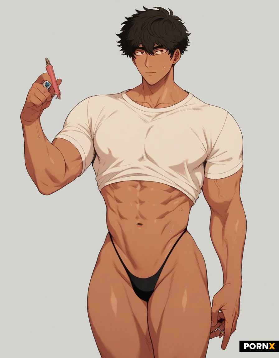 Individual with masculine features. buff. Bulging veins. Queer LGBTQ. Muscular. Bodybuilder competitor wearing thong. Anime. Thick. Bangs hair. Transgender. Large shoulders. Tan skin. Twink. Bulk physique. Tall crossdresser