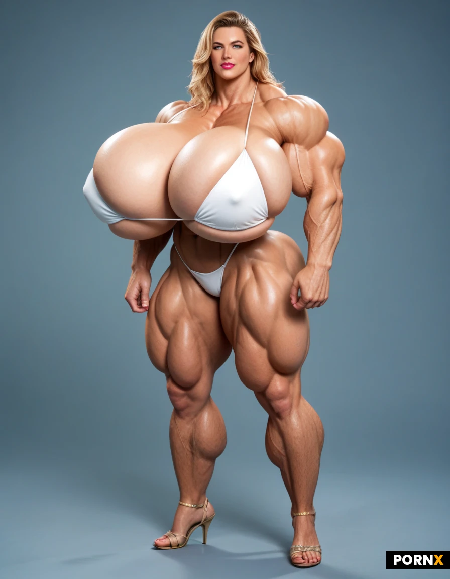 Full body image of a Super mega muscular female hyper bodybuilder model, in her 20s, super slim tiny waist, incredibly mega exaggerated huge boobs, ultra detailed, high resolution, anatomically accurate, perfect fingers, perfect anatomy, (hyper extreme colossal breasts: 0.9999), her soft floppy drooping natural breasts spill down to her sides, breasts drop to the sides of her chest, hyper massive breasts, breasts hypertrophy, disproportionately(gigantic colossal hyper breasts: 0.9999), unrealistic breasts size, giant expansion breast, extremely huge voluptuous breasts, massive breasts, her hair reaches her knees, straight super long golden hair, super defined sixpack which shows every single ab absolutely ripped and defined, perfect hourglass figure, super mega thick tree like muscular legs, perfect face, perfect facial features, sexy face, perfect muscular hourglass, Bright emerald-green eyes with a mischievous glint, smoky liner, glossy bitten-pink lips. Extrem exaggerated muscles, hyper massive muscle, expansion muscles, musle goddess, wearing a white bikini, perfect skin