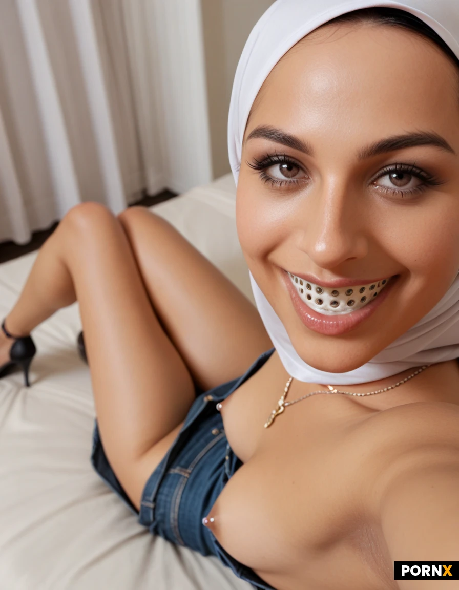One Women ,skinny body, braces,belly piercing,hijab, skinny legs, Medium round ass,small tits,no tits with piercing, smile, braces, ,Plattform high wedges, long black pigtails,bathhub,, , 50 yaers Old man ,nude streching her legs, sit on his legs, selfie full body ,from above,Jeans dress,rosses