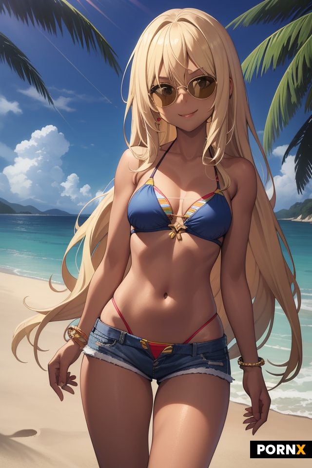 Femme brésilienne poitrine naturelle cuisses fines longs cheveux blonds peau dorée bikini mini short