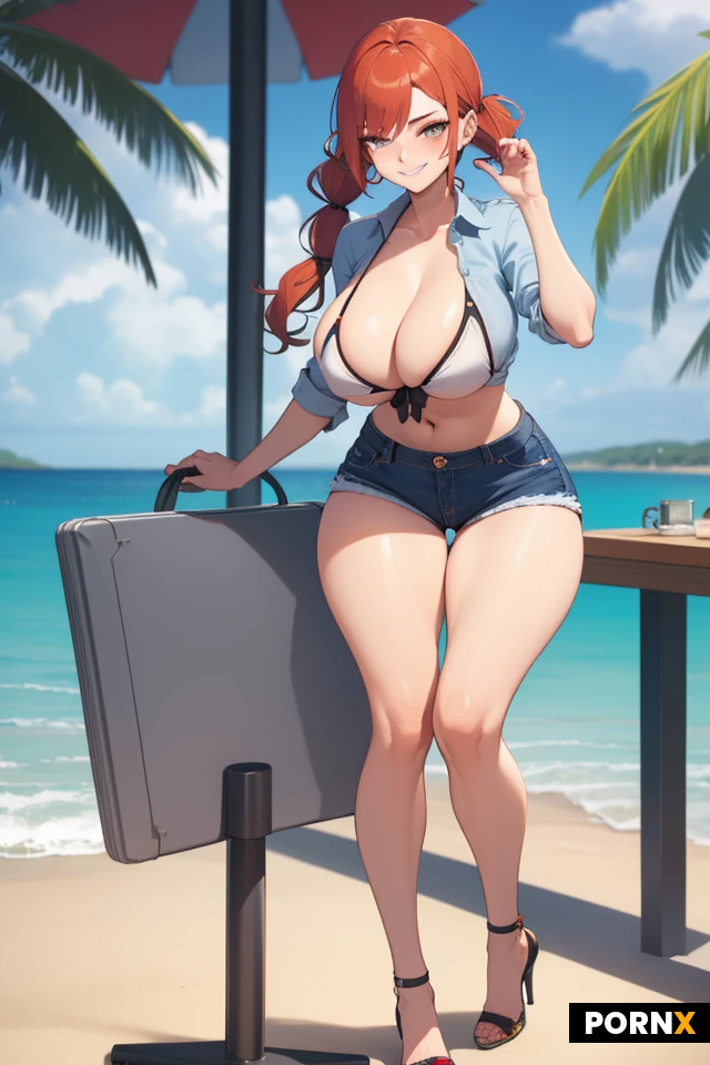 Woman, One, 18 Years old, European, Skinny, Rounded breasts, Big breasts, Skinny thighs, Rounded ass, Seductive smirk, Long eyelashes, Ginger hair, Long hair, pigtails, Bikini, Office shirt, Jeans shorts, Beauty face, heels, beach