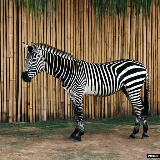 whole body zebra painting in front of a bamboo wall