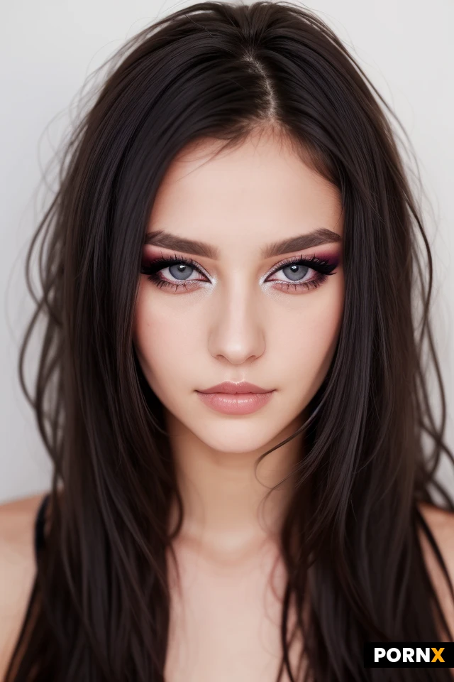 Woman, One, European, Skinny, 20 years old, White skin, very long Black messy hair, Messy hair, grey eye color, round eyes, open eyes, Beauty face, Realism, Closeup Portrait, prostitua make up, eye liner, bright gaze, hot allure, messy hair,