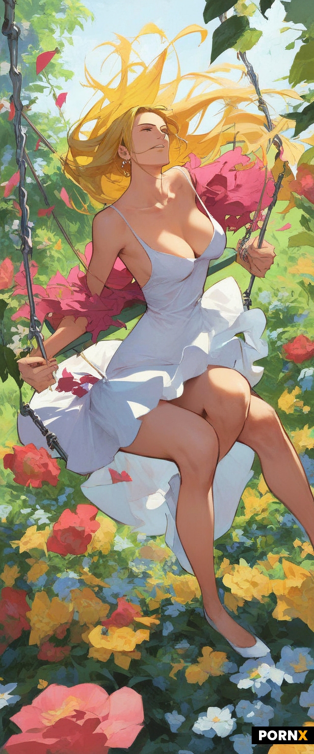 One piece anime style woman sitting on swing in a garden