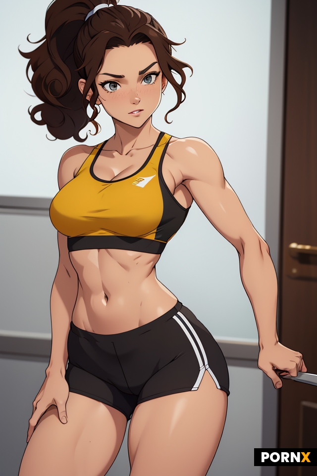 Busty brunette woman with curly medium length ponytail and small breasts wearing sports bra and span