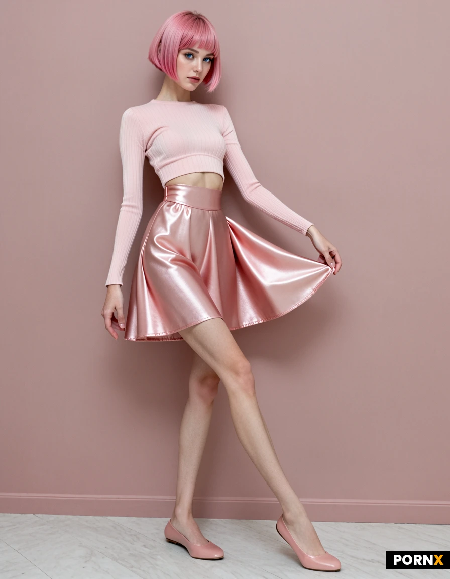A fitted cream ribbed crop top, paired with a high-waisted flowing blush-pink satin midi skirt with a thigh-high slit. Finished with pointed cream ballet flats.