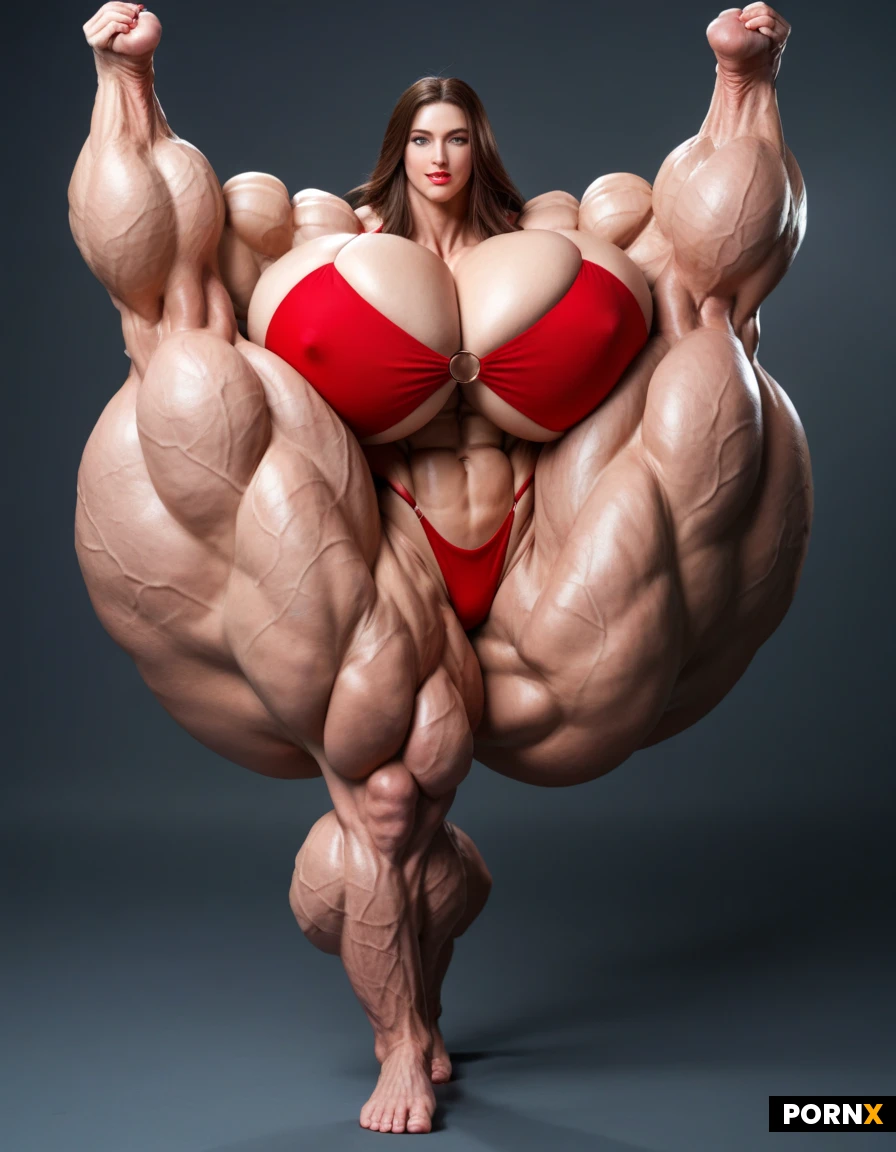 Full body profile image of a ultimative Super mega muscular female hyper muscle bodybuilder model, fixing her hair, in her 20s, super slim tiny waist, incredibly mega exaggerated huge boobs, ultra detailed, high resolution, anatomically accurate, perfect fingers, perfect anatomy, (hyper extreme colossal breasts: 1.459999), her soft floppy drooping natural breasts spill down to her sides, breasts drop to the sides of her chest, hyper massive breasts, breasts hypertrophy, disproportionately(gigantic colossal hyper breasts: 1.459999), unrealistic breasts size, giant expansion breast, extremely huge voluptuous breasts, massive breasts, bodylong hair, straight super long golden hair, (exaggerated long hair: 1.95), super defined sixpack which shows every single ab absolutely ripped and defined, perfect hourglass figure, super mega thick mammoth tree like muscular legs, perfect face, feminine face, female facial features, perfect facial features, ultra sexy face, natural face, realistic face, perfect muscular hourglass, Bright green eyes, Extrem exaggerated muscles, ultra hyper massive muscle, expansion muscles, musle goddess, wearing a red bikini, perfect skin, ultimate muscles, long legs, massive muscles, overgrown hypermassive muscles, mega muscles, giganteque muscles, beyond female musle-goddess, mega muscles overgrowth at leg and abs, ultra exaggerated overgrown leg muscles, hypermassive expanded leg muscles, hair reaches the floor, disproportionately(gigantic colossal hypermuscular legs : 1.999), delicate feet, beautiful feet, standing in a standing split