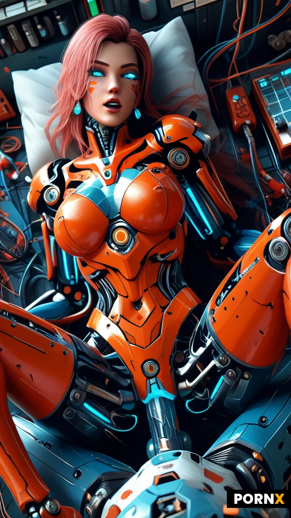 4k definition ,beautiful fantastic cyber robot women, artifical rebot face, pink long hair, blue glowing eyes, (red and white color mechanical body:1.5), big breast, thick thigh, (missionary position laying on back, spread legs, vaginal penetration:1.3), pov view, cock is in her mechanical pussy, glowing pussy, moaning, more blue glowing assent on her mechanical body, detailed face, background, mechanical room, power cable, monitors wall, dynamic angle