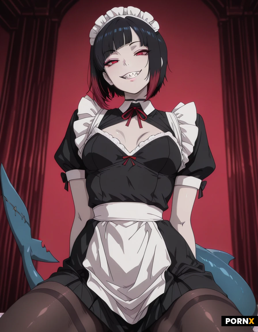 A girl with sharp shark teeth, a shark tail, pale skin, small breasts, a large bottom, wearing a custom maid uniform with a gothic style, complete with tights, a slim and athletic body, a beautiful smiling face, a curvy figure, straight black hair with pink/magenta or dark red highlights at the ends, a choppy, asymmetrical wolf cut with irregular bangs and voluminous strands on top that taper to the ends, red eyes, posing in a full-body shot.