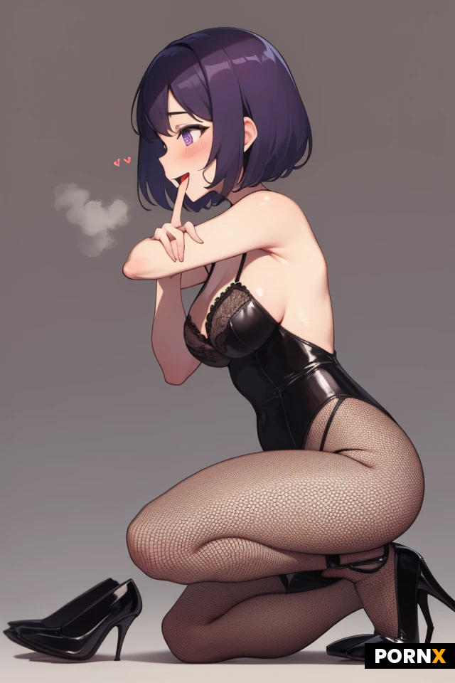 40s, side view, fit, purple short hair, on her knees, high heels, lingerie, fishnet, looking up, blushing, happy, mouth open