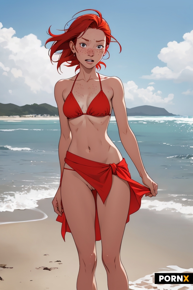 Skinny red haired woman with freckles