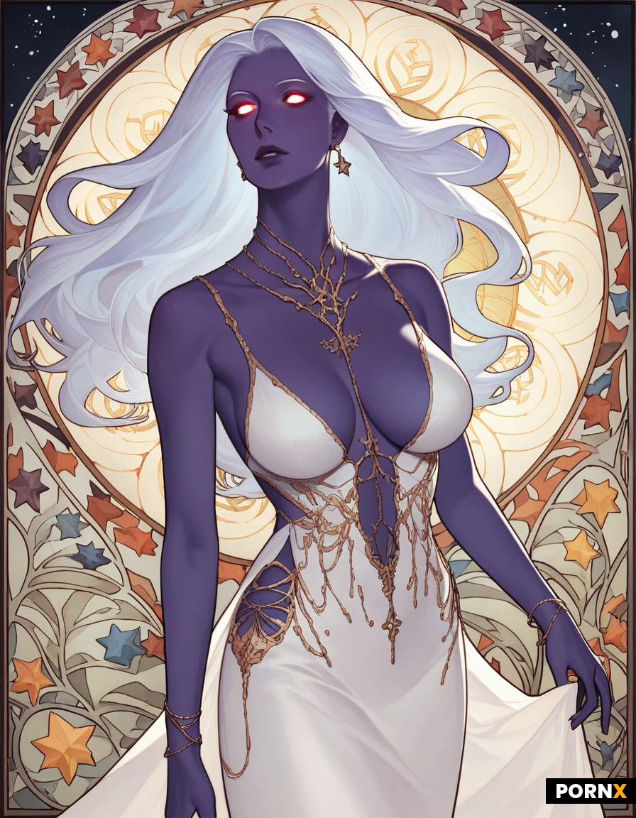 (Art nouveau style), 1 woman, 25 years old, beautiful, cosmic entity, long silver hair floating as if she was underwater, detailed skin, (almost black violet skin filled with stars and galaxies), slim perfect body, large breasts, simple plain silver dress with thin straps, detsiled eyes, glowing eyes like swirling nebula.