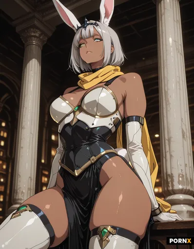 A curvy dark-skinned woman with luminous green eyes leans provocatively against a futuristic steel c