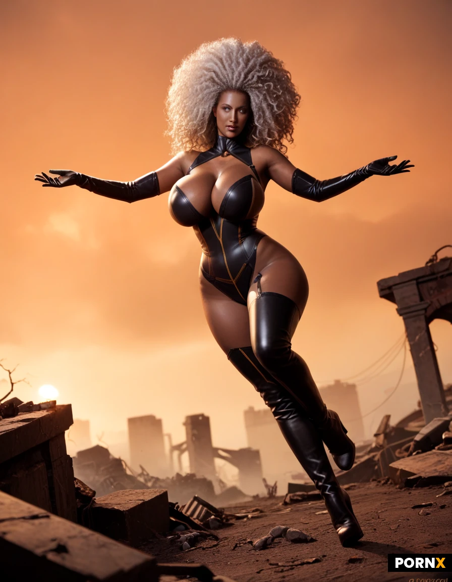 beautiful curvy black woman, big afro, dark skin, huge breasts, thick body, cyberpunk outfit, neon accents, latex, tech wear, glowing details, post-apocalyptic wasteland, ruins, dust, orange sky, Superhero. Long wavy hair. White glowing eyes. Long boots. Long gloves. Diadem. Goddess. Lightning. Elemental woman. Long white hair. Flying in the air. Beautiful and powerful.