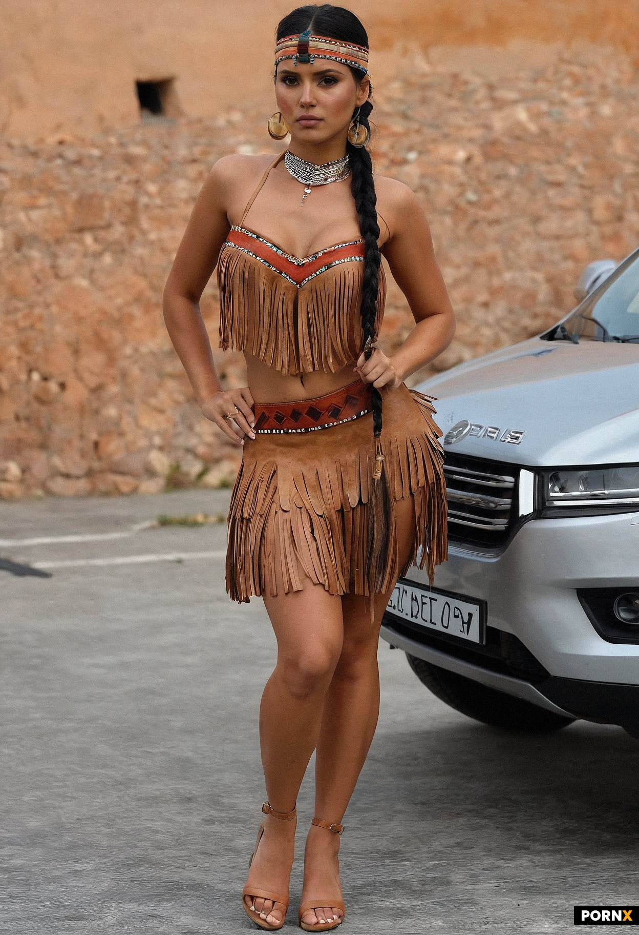 A beautiful Sicilian woman is wearing a sexy Native American tan leather costume with a fringed skir