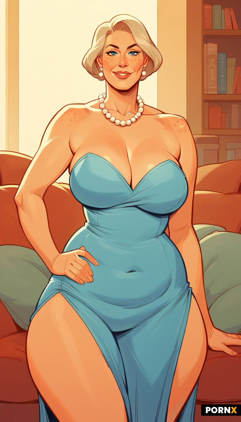 Woman,American,White,40 years old,MILF,sexy,Mature,blonde,touch of grey hair,dark grey eyebrows,short round bob,short hair,blue eyes,eye contact,looking at viewer,freckles,big nose,medium breasts,elegant dress,nice cleavage,pearl necklace,short stature,broad,stout,curvy,plump,wide hips,huge hips,huge thighs,thick thighs,sexy pose,seductive,hand on hip,living room,suburban home,sunny living room,several windows,bookshelves,white couch,hand drawn,illustration