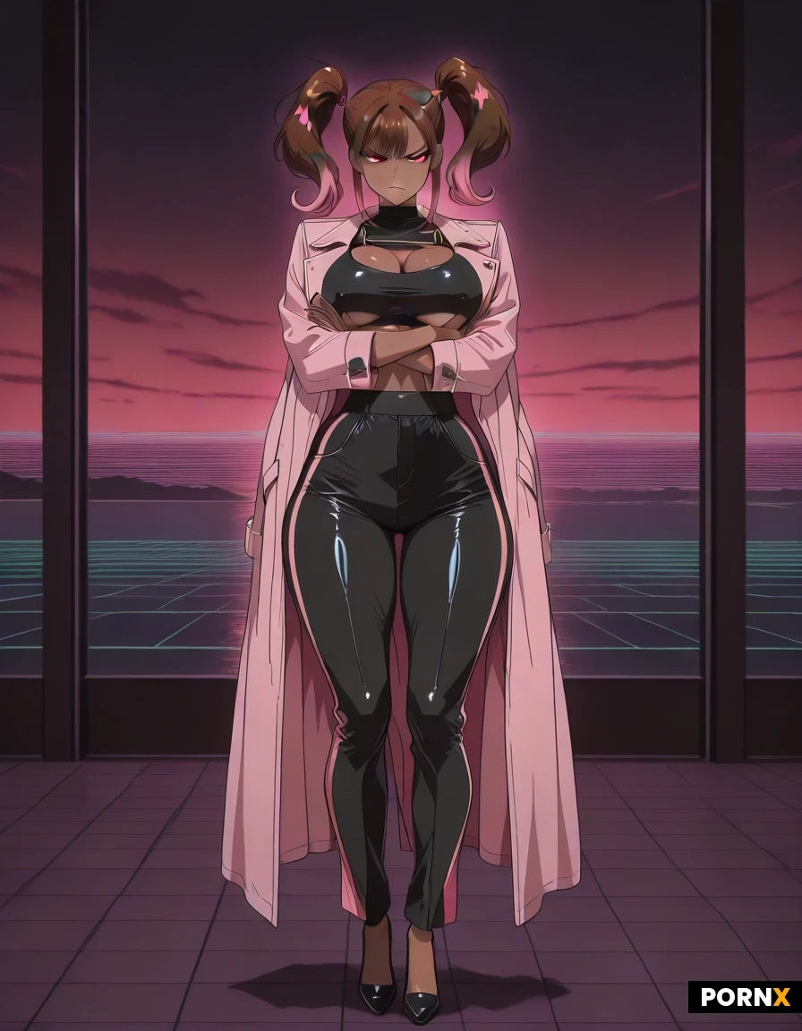 dark brown skin, sharp red eyes, angry seductive expression, massive pink and black swirl pigtails, black crop top with pink hearts barely covering her breasts, long open coat, tight red and black striped pants with deep high slits revealing thighs, black high heels, standing with arms crossed under her chest pushing them up, full body, highly detailed,