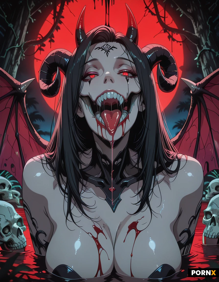 An ultra-close, hyper-realistic shot of a night-lit jungle river swirling with glossy black ooze that envelopes luminous tropical flowers and a shattered statue of a nude succubus goddess, her horns glinting, bat-like wings splayed, crimson saliva dripping from her gaping mouth onto the water, her exposed, curvaceous body framed by tangled vines dripping with occult sigils and surrounded by skeletal skulls and bone fragments; the scene is bathed in eerie soft rim lighting that creates deep shadows and a blood-red glow. The camera hovers just above the water's surface at a low angle, capturing the floating remnants of the goddess and the ritual paraphernalia in shallow depth of field, emphasizing the slick textures of the ooze and the wet, glistening skin. Mist swirls around the setting as flickering torchlight from an unseen voodoo altar casts dynamic highlights, giving the composition a cinematic, high-contrast horror atmosphere reminiscent of dark fantasy photography.